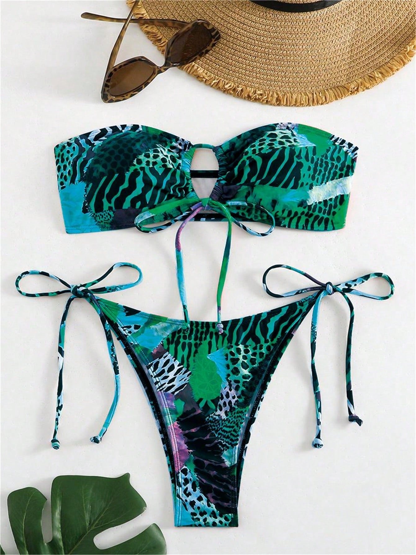 Swim Women's Animal Print Splice Bandeau Bikini Set, Printed Design Random, Strapless Bikini Set Bathing Suit Beach Outfit Summer Vacation,Summer Beach