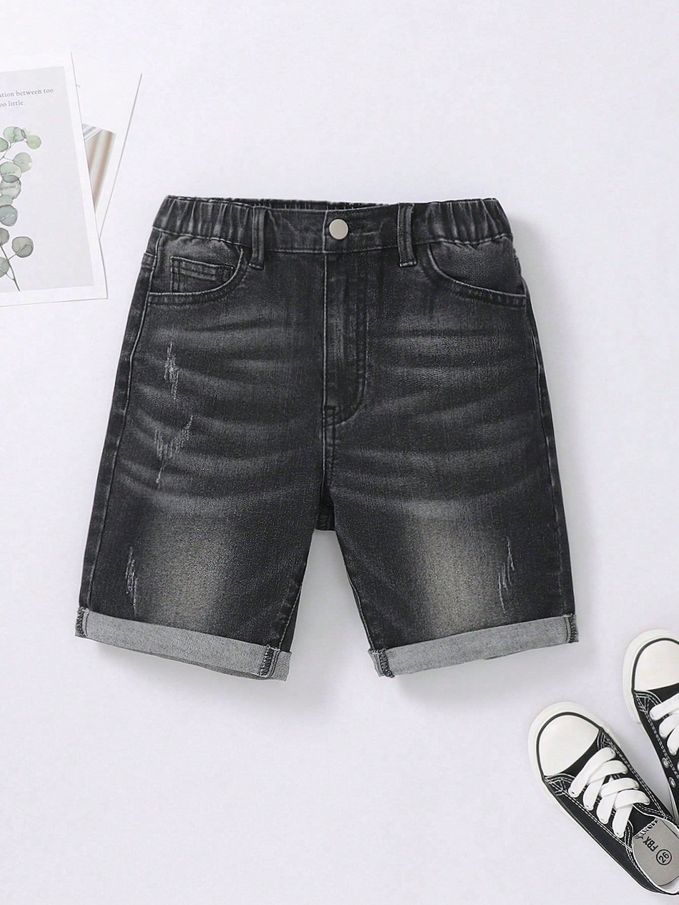 Tween Boy Muted Blue Washed Summer Denim Shorts, Rolled Hem Design And Classic Cut