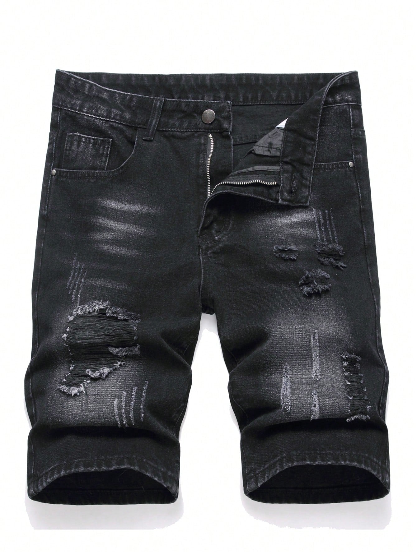 Men Ripped Frayed Bleach Wash Denim Shorts