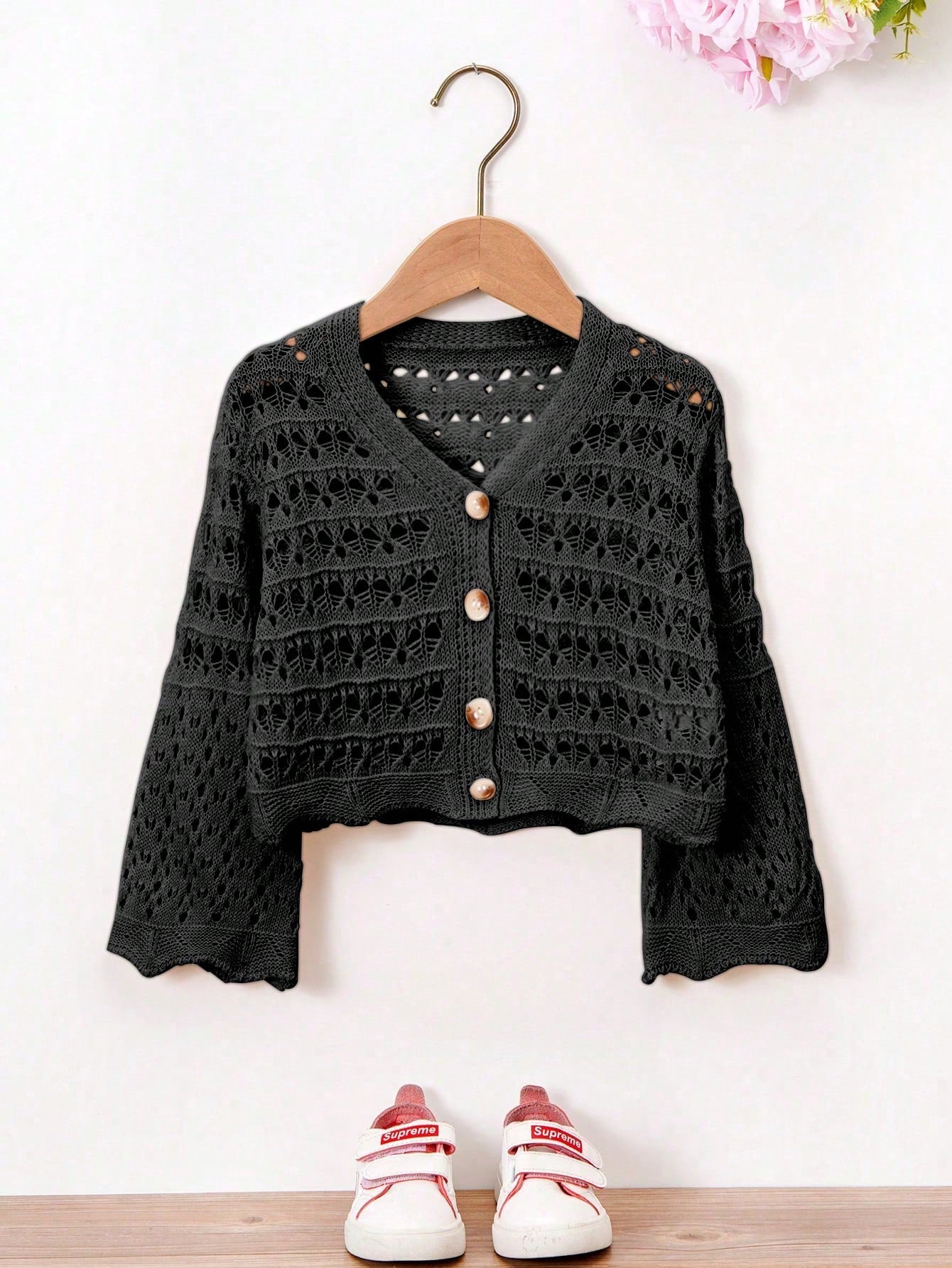 Young Girl Knitted Button Front Cardigan With Hollow Out Design