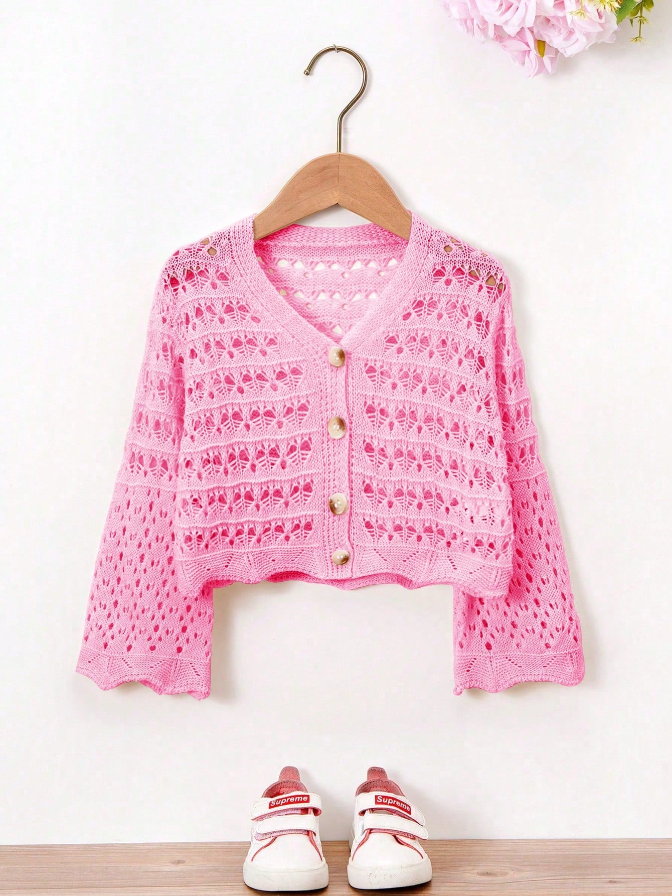 Young Girl Knitted Button Front Cardigan With Hollow Out Design