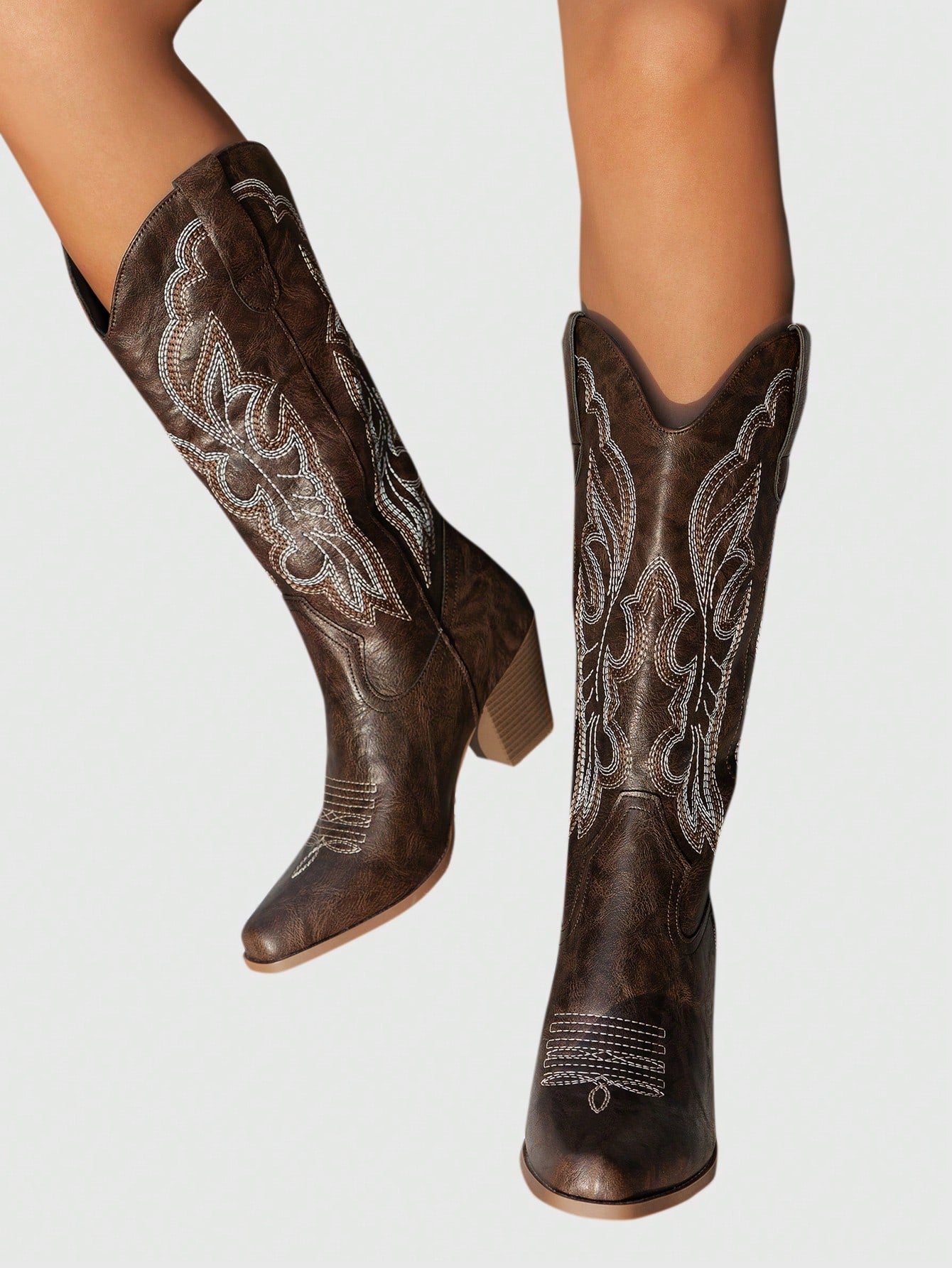 Fairycore Women 2024 New Spring Autumn Forest Style Brown Outdoor Fashionable Western Embroidery Boots, Cowboy Boots For Women