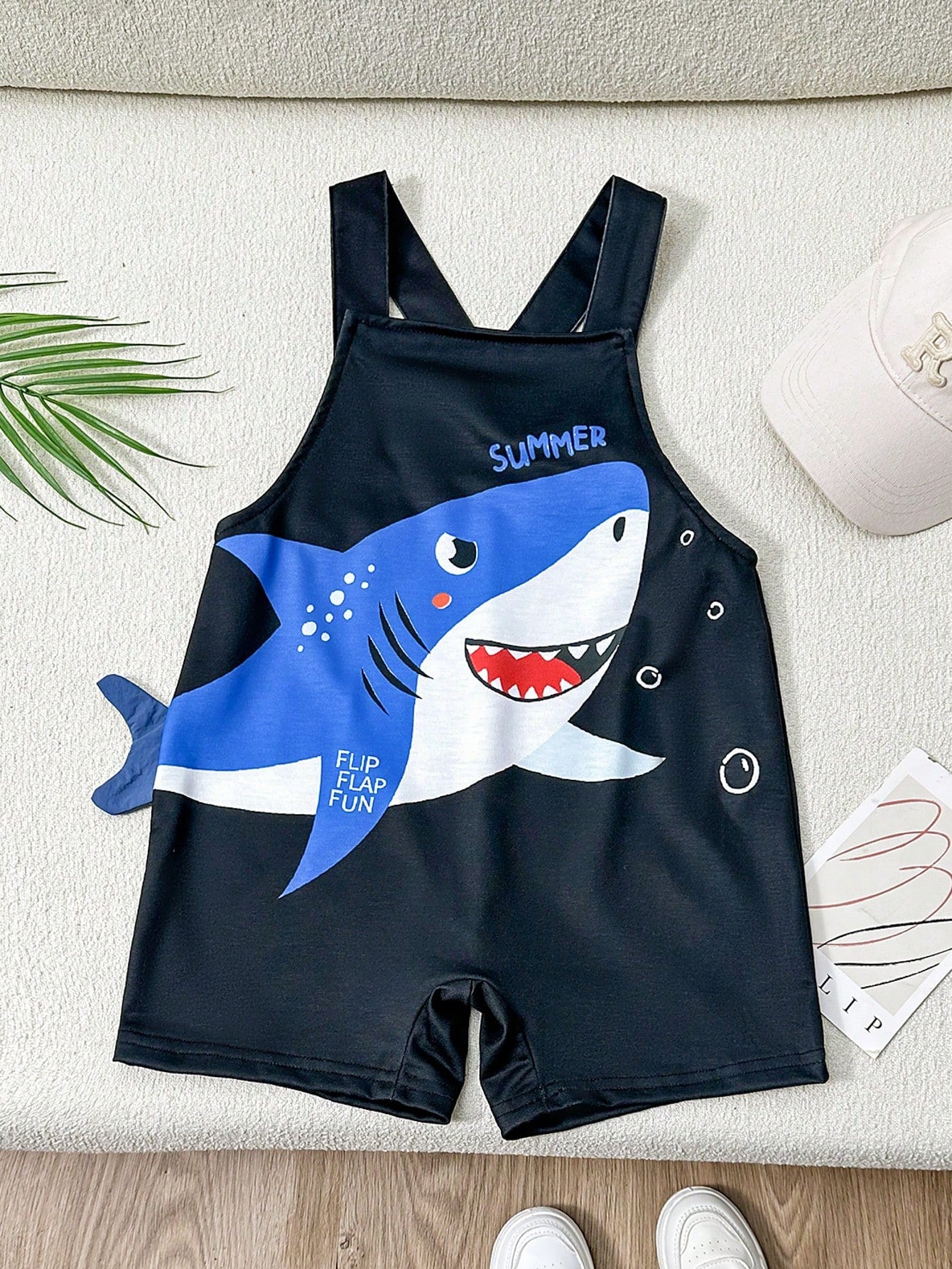 1pc Young Boy's Casual, Stylish, Simple, Practical, Cute, And Comfortable Cartoon Animal Shark Printed Bib Overall With 3d Tail And Breathable Comfortable Design, Suitable For Spring And Summer