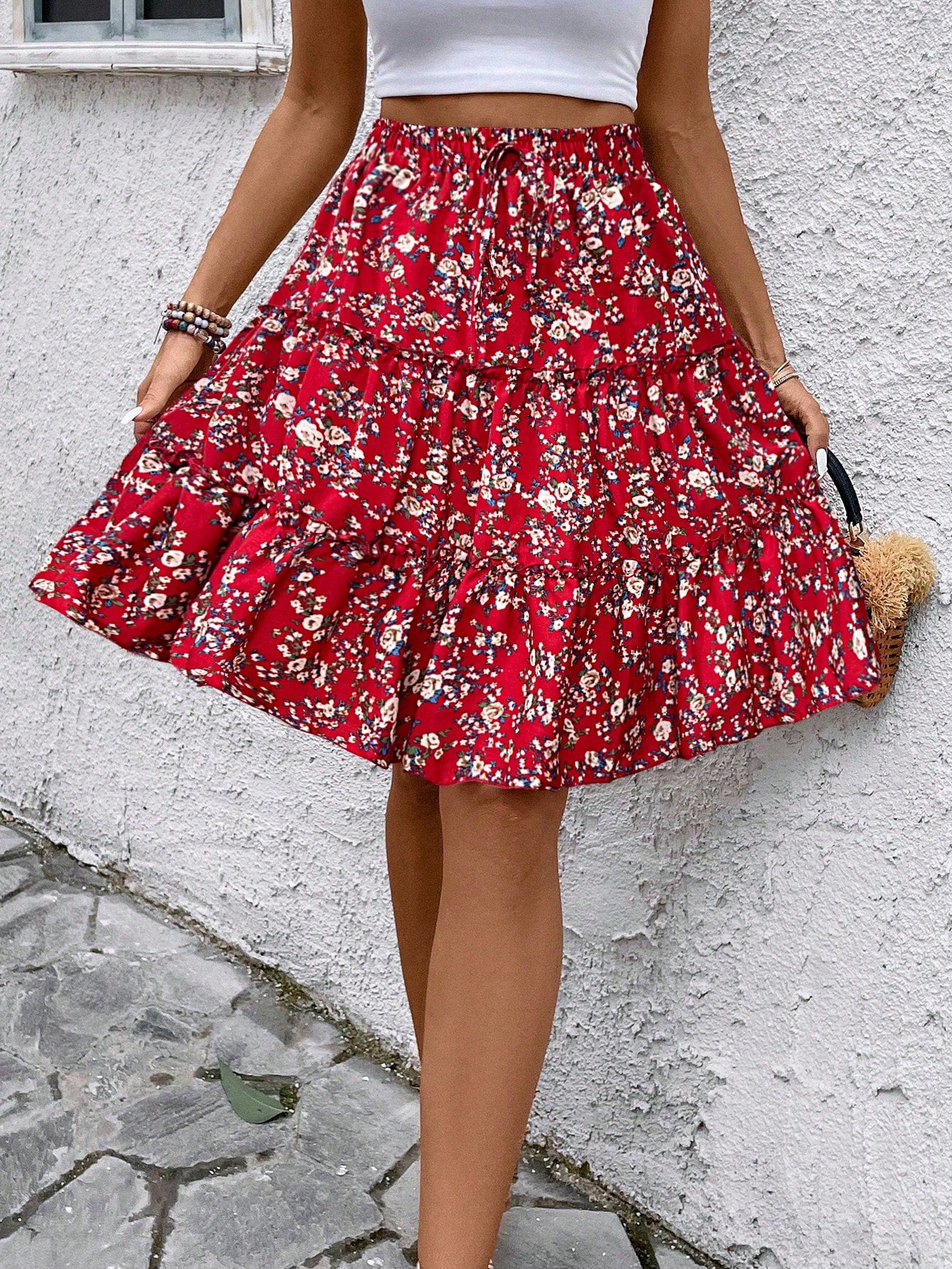 Women's Mixed Ditsy Floral Wrap Layered Ruffle Skirt