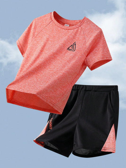 Young Boy 2pcs/Set Sports T-Shirt With Raglan Sleeve And Shorts Set