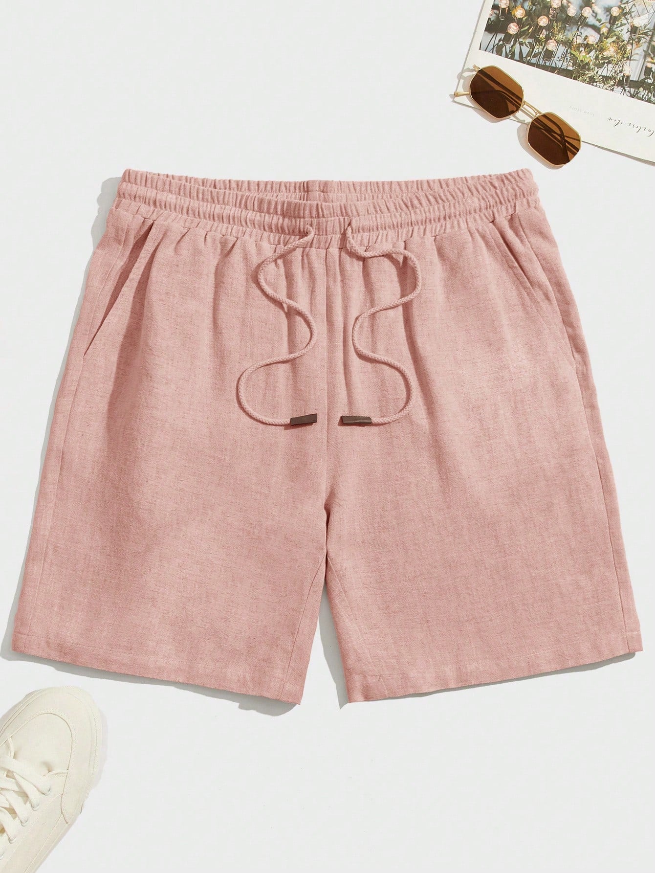 Men Summer Casual Plain Color Drawstring Waist Shorts