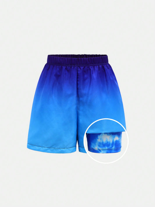 Tween Boy Casual Tie-Dye Printed Loose-Fitting Swim Trunks With Snug Fit And Stretchy Waistband, Summer