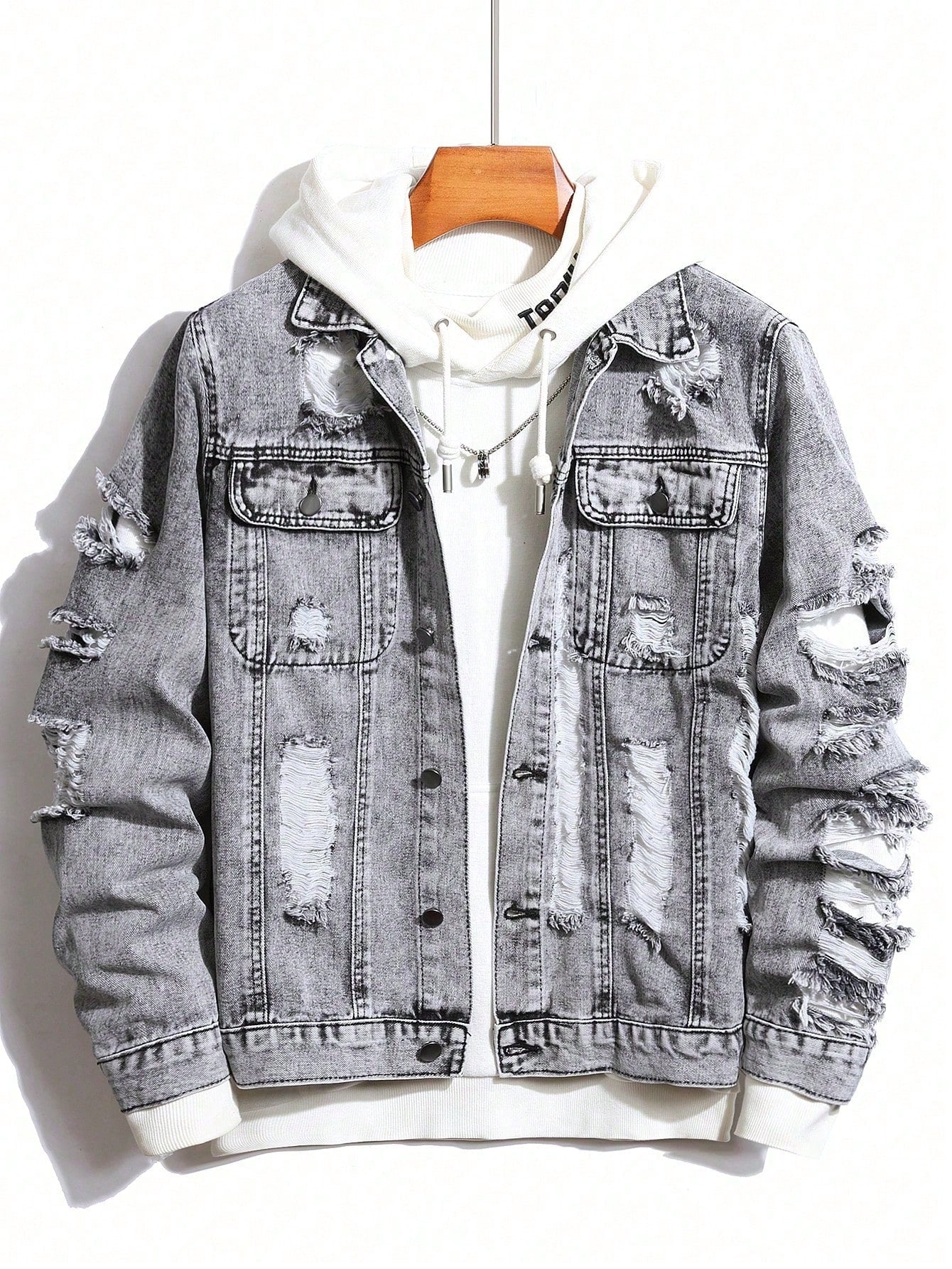 Men's Plus Size Spring And Autumn Casual Washed Ripped Loose Denim Jacket, Cotton Grey  Rapper Jacket