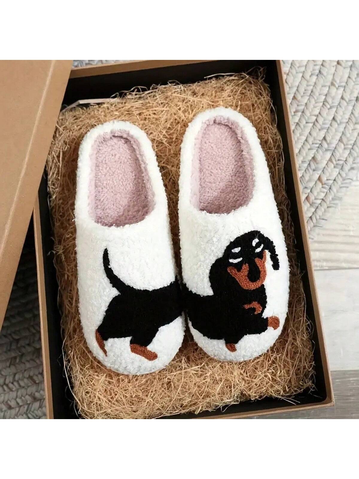 Women's Casual Fuzzy Indoor Slippers, Embroidered Pumpkin Design, Autumn/Winter