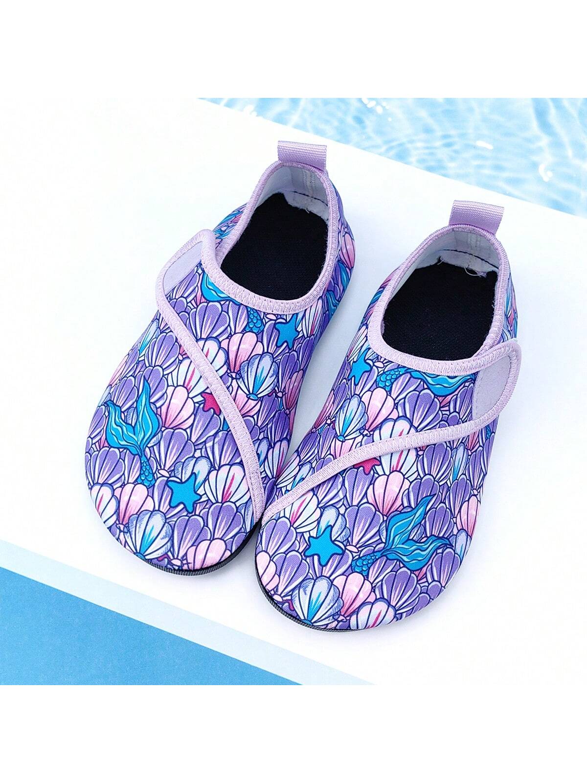 Girls' Outdoor Beach Shoes, Purple Seashell Pattern Thick-Soled Soft Bottom Lightweight Breathable Water Shoes For Swimming, Beach, And Creek Walking