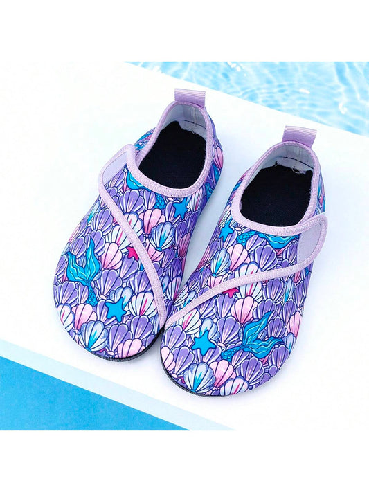 Girls' Outdoor Beach Shoes, Purple Seashell Pattern Thick-Soled Soft Bottom Lightweight Breathable Water Shoes For Swimming, Beach, And Creek Walking