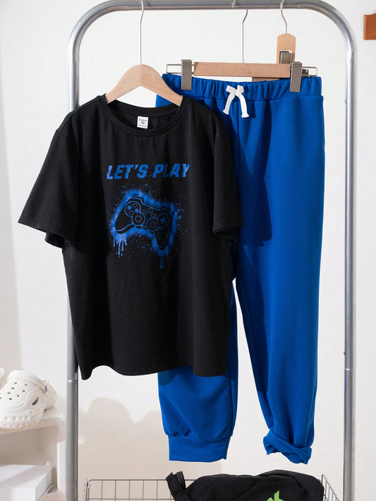 Tween Boys Extended Size Casual Gaming Printed Round Neck Short Sleeve T-Shirt And Solid Color Knit Long Pants Two-Piece Outfit