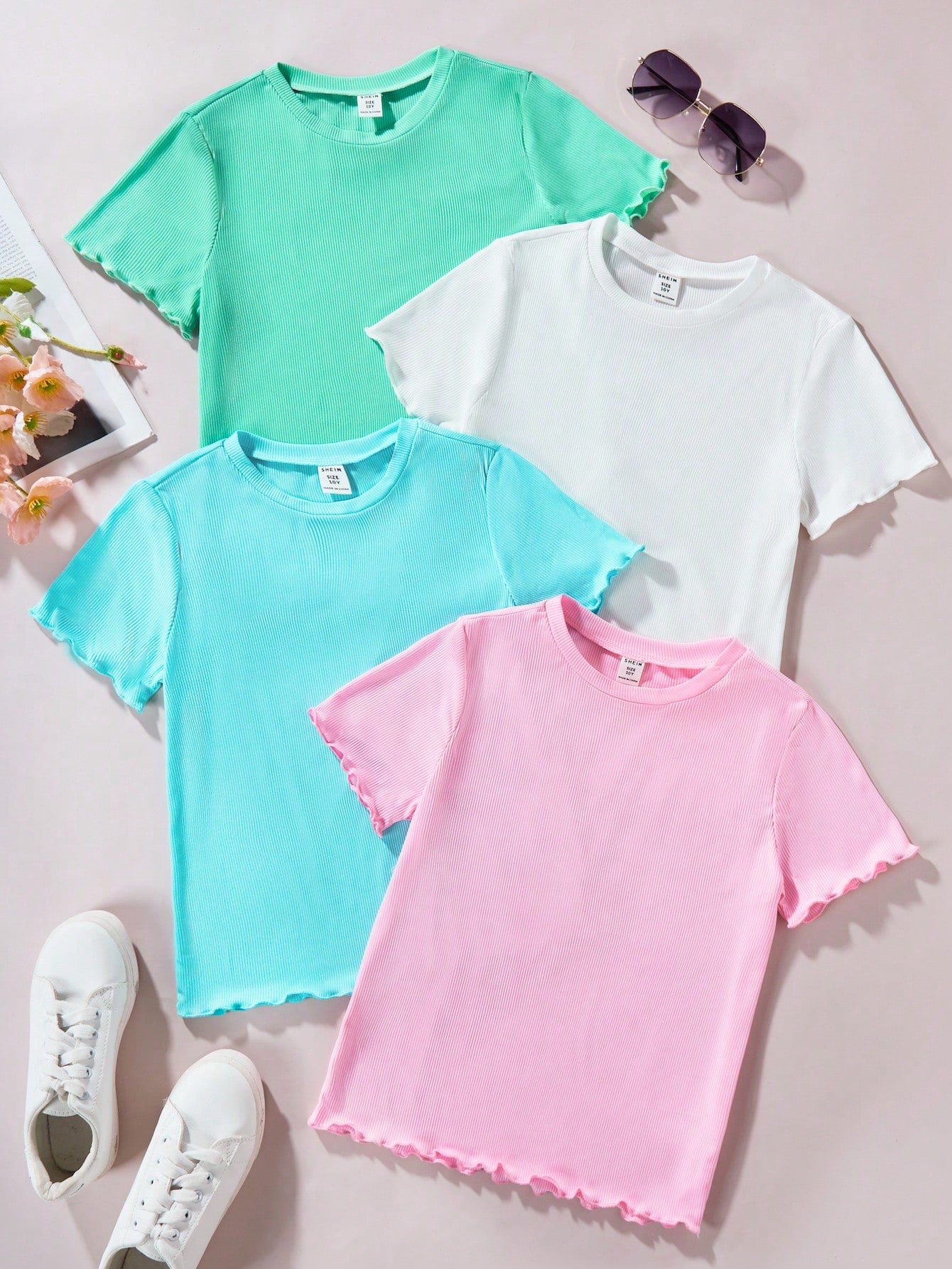 Tween Girls' Short Sleeve T-Shirt Set In Black, White, Blue And Pink, Made Of Ribbed Clean Fabric For A Versatile Summer Outfit