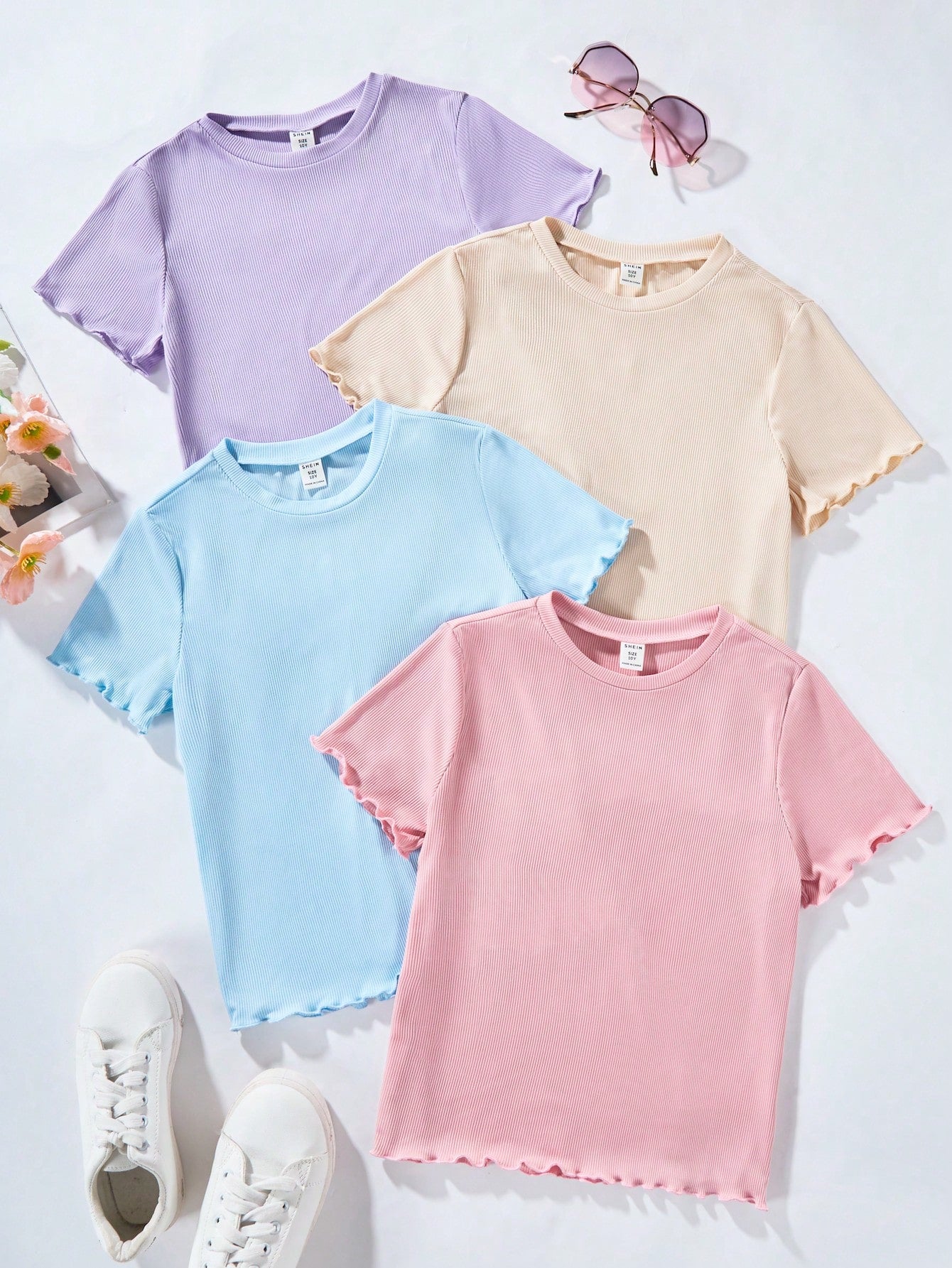 Tween Girls' Short Sleeve T-Shirt Set In Black, White, Blue And Pink, Made Of Ribbed Clean Fabric For A Versatile Summer Outfit