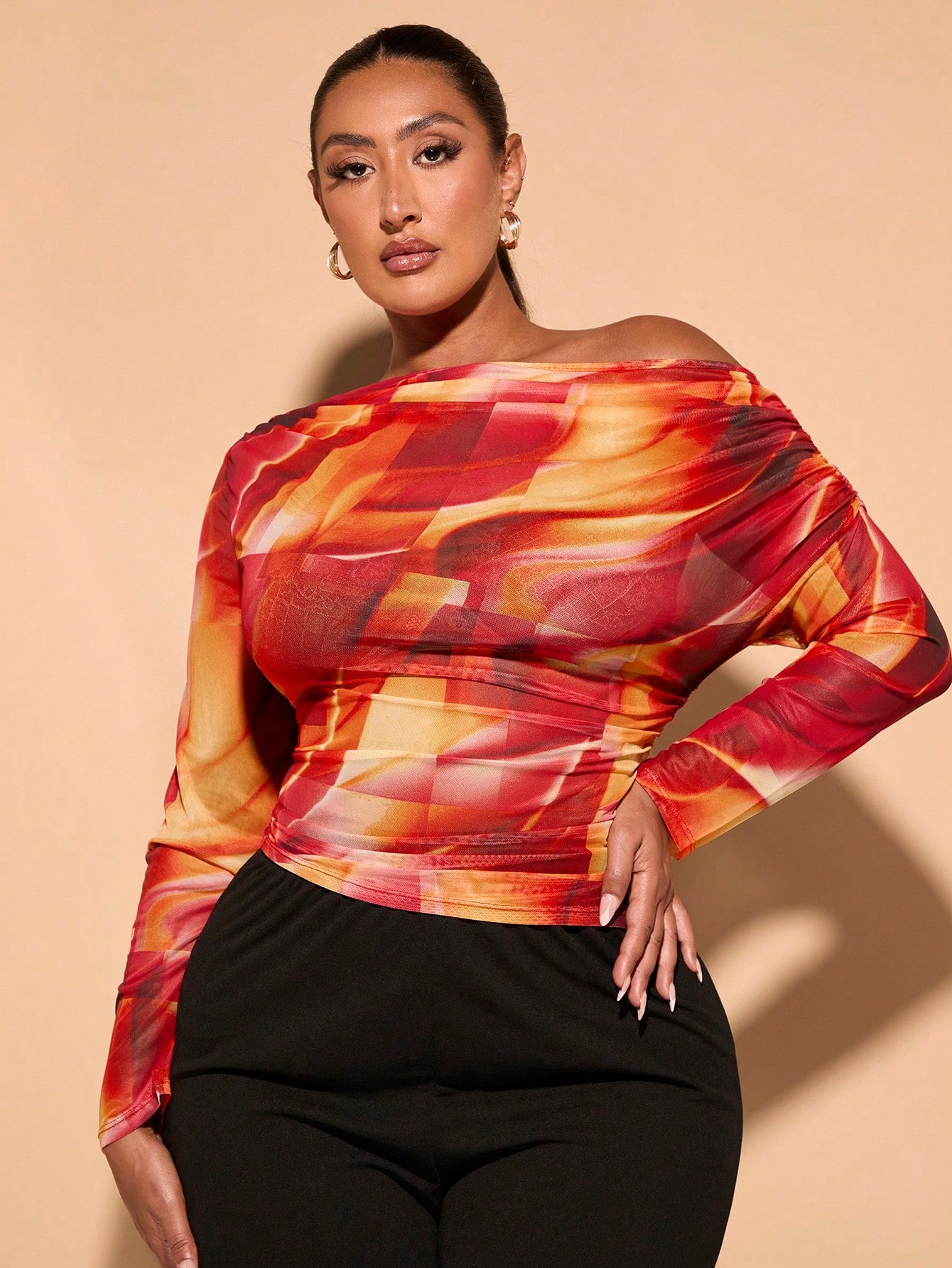 Plus Size Printed Asymmetric Neckline Pleated Slim Fit Top  Mesh Long Sleeve T-Shirt  Marble Top