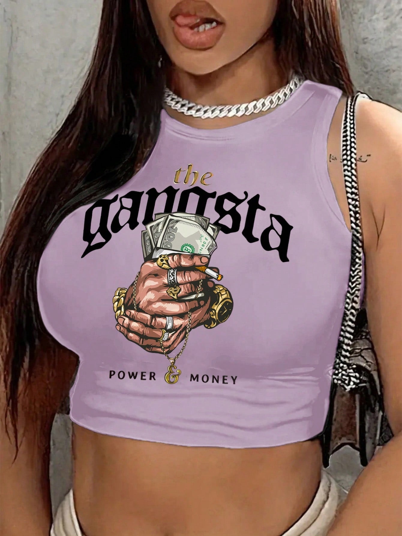 Sleeveless Women's Round Neck Crop Top With Hand & Letter Prints, Slim Fit, Suitable For Summer The Gangsta POWER & MONEY