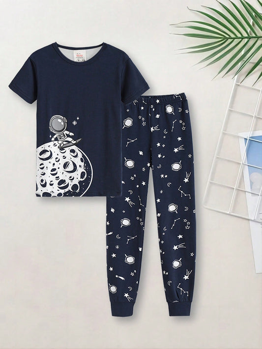 2pcs Young Boy Snug Fit Pajama With Funny Astronaut & Moon Print Short Sleeve And Long Pants, Casual And Comfortable Round Neck Home Clothing Set For Summer