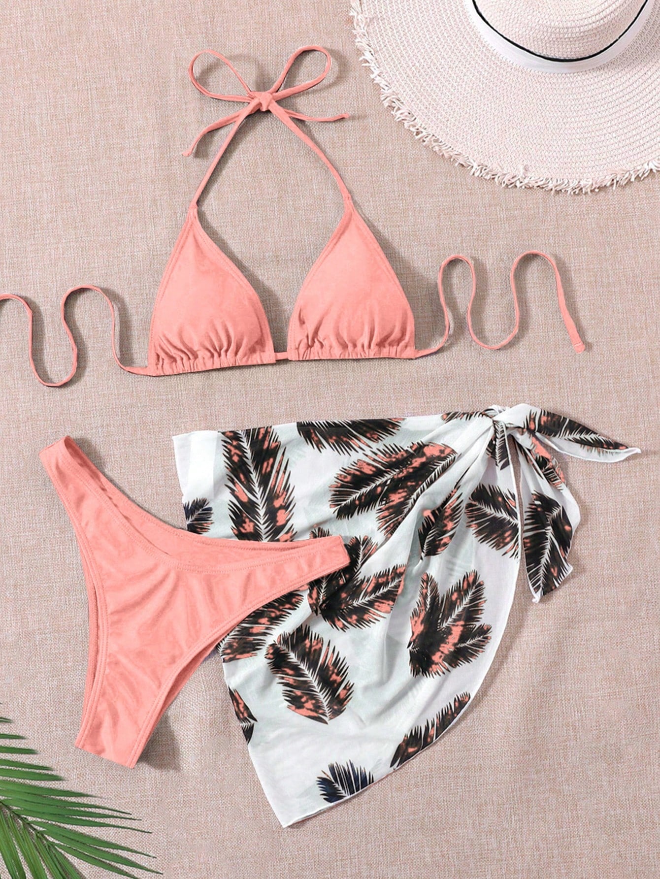 Swim Summer Beach Leaf Print Bikini Set Halter Triangle Bra & High Cut Bottom & Cover Up Skirt 3 Piece Bathing