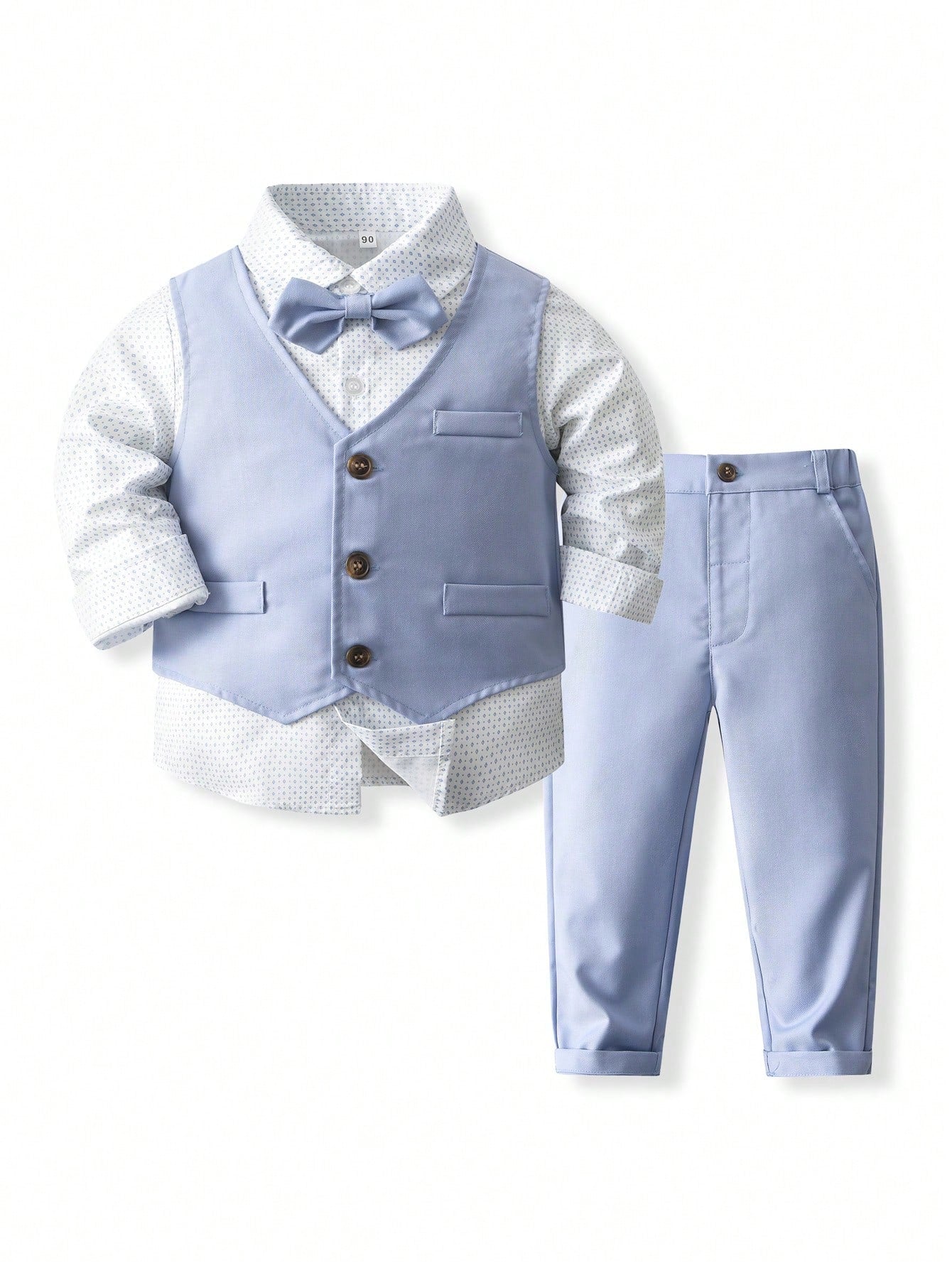 Young Boy Spring Formal Wear Set: Geometric Print Shirt, Vest, And Pants For Gentleman's Banquet Or Party