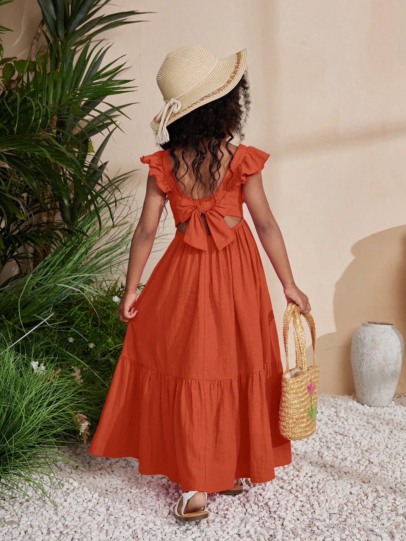 Young Girl Choco Color Sleeveless Maxi Dress With Woven Fabric And Square Neckline For Music Festival