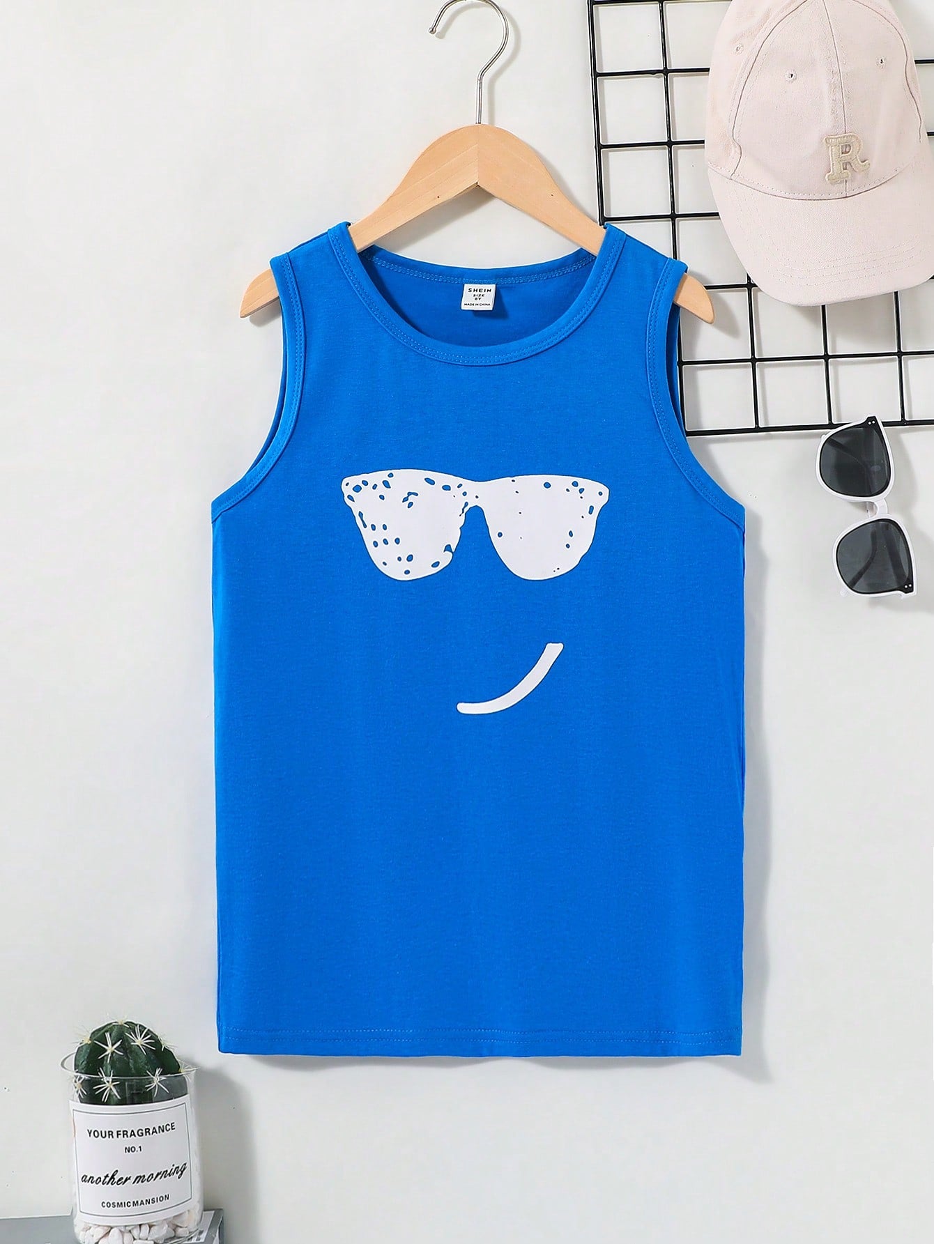 Tween Boy Casual Comfortable Sleeveless Top With Sunglasses & Smirk Pattern