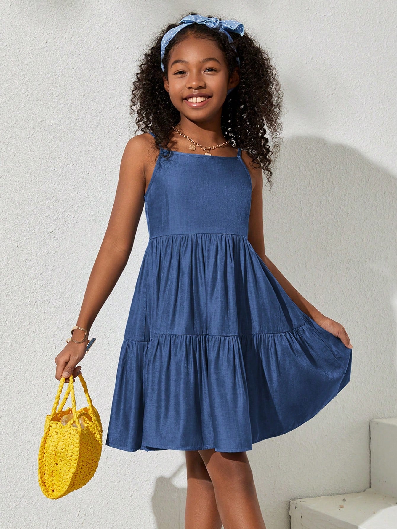 Tween Girl Casual Denim Effect Strappy Dress For Spring/Summer