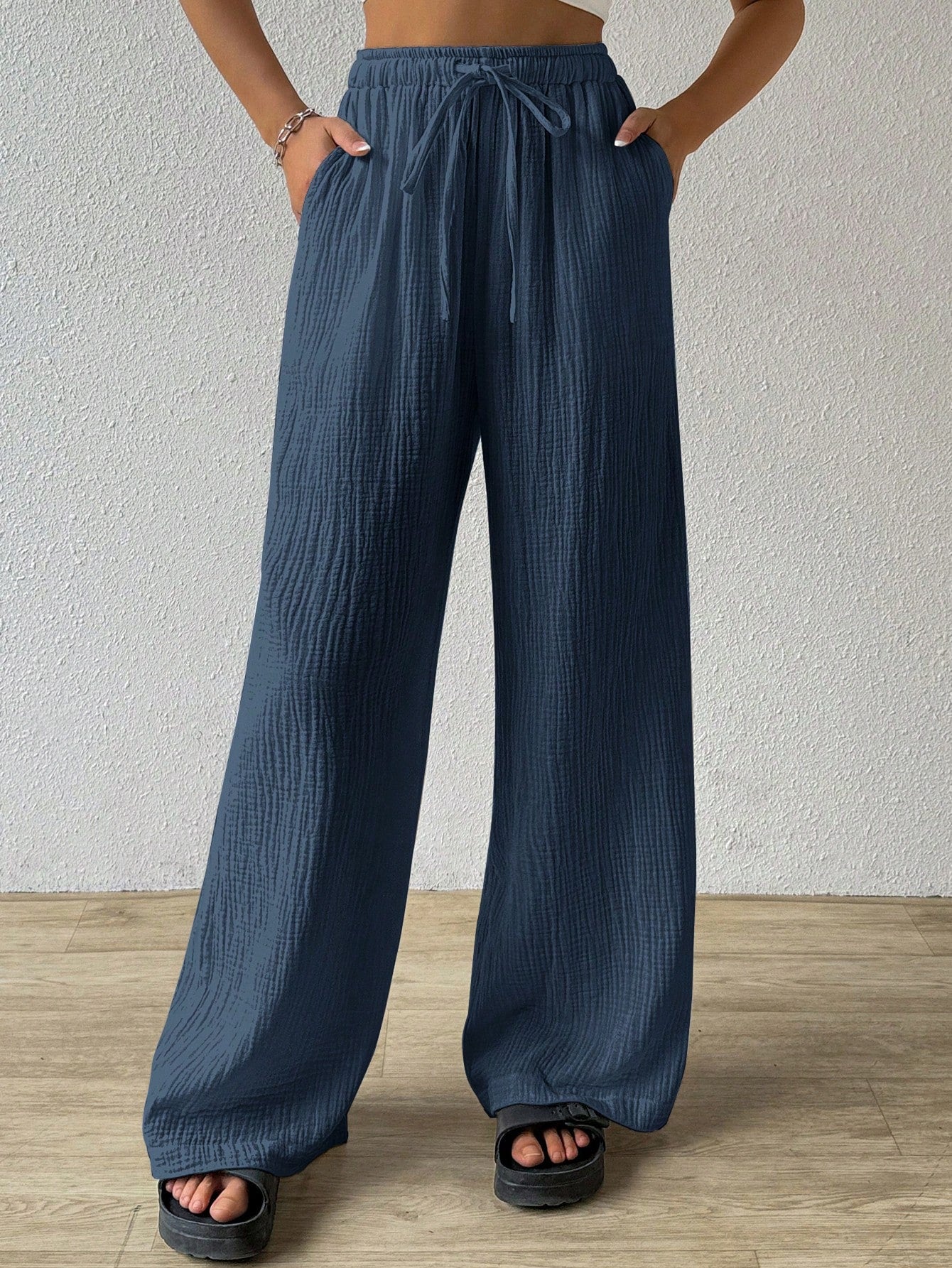 Cotton  Loose Texture Wrinkle Fabric Drawstring Waist Long Pants