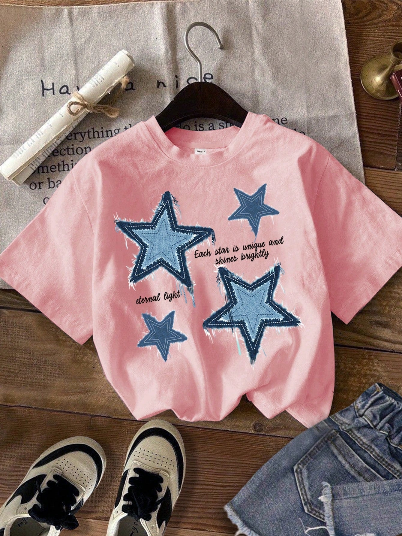 Tween Girl Casual Simple Star Printed T-Shirt, Summer