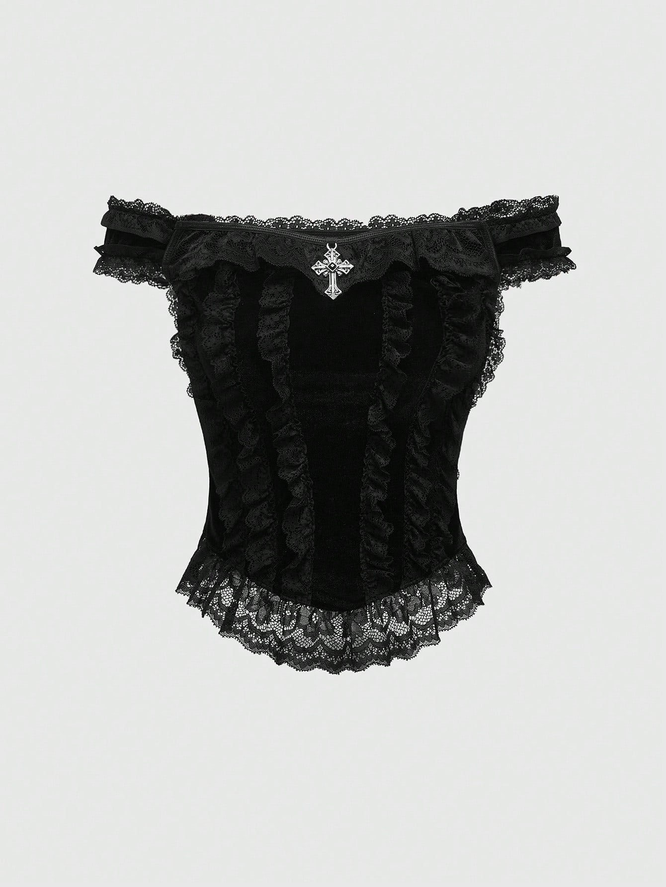 Goth Gothic Palace Style Cross Decoration Lace Trim Velvet Off Shoulder Women Top