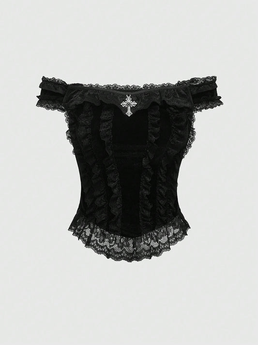 Goth Gothic Palace Style Cross Decoration Lace Trim Velvet Off Shoulder Women Top