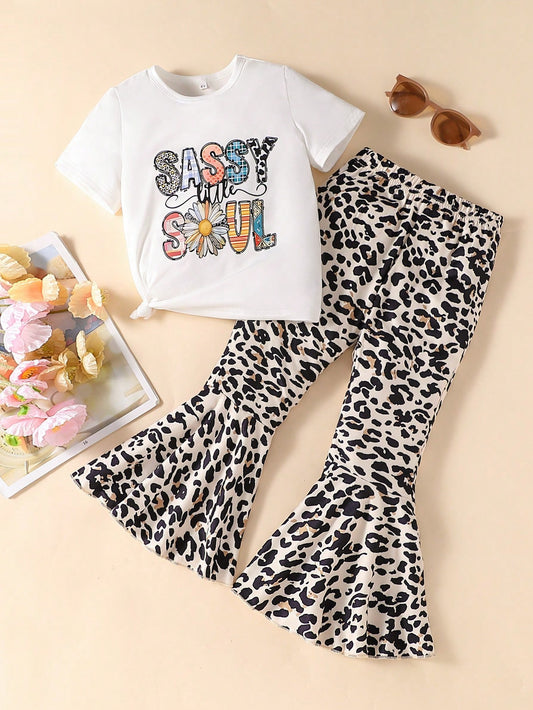 2pcs Young Girl Casual Slogan & Flower Allover Print Short Sleeve Round Neck T-Shirt And Leopard Allover Print Bell-Bottom Pants, Suitable For Spring And Summer, Outdoors, Travel, Daily Wear, Relaxation, Holidays, Parties, And School