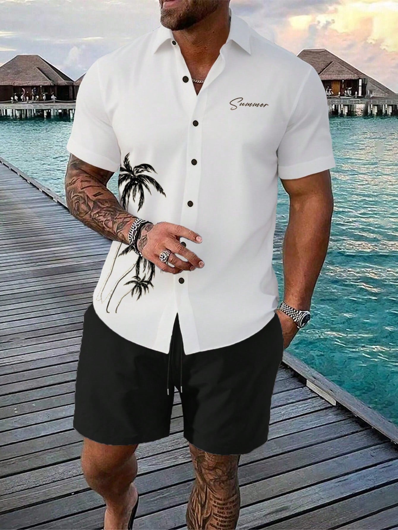 Men's Plus Size Coconut Tree Printed Short Sleeve Shirt And Shorts Set For Vacation And Leisure