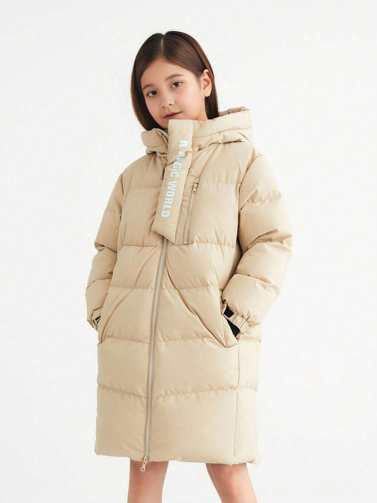 Tween Girl Winter Thick Insulation Fashionable And Casual Hooded Long Down Jacket Red