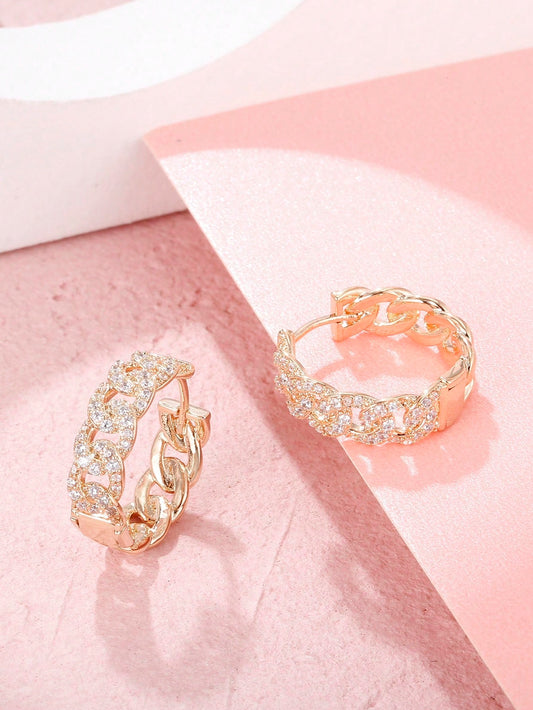 1pair Girls Delicate Sparkling Cubic Zirconia Decor Chained Hoop Earrings Jewelry For Girls Luxury Gracious Party Accessories For Gift