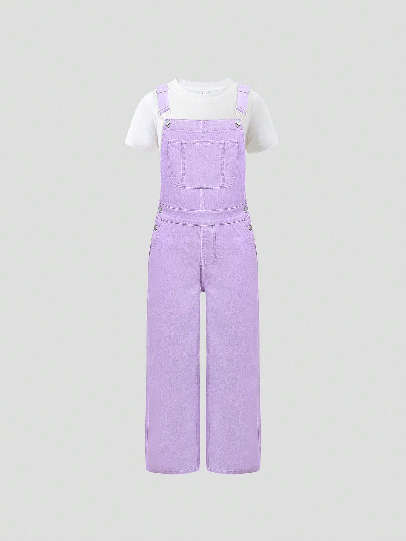 Tween Girl Casual Summer Dopamine Purple Adjustable Straight-Leg Denim Overalls