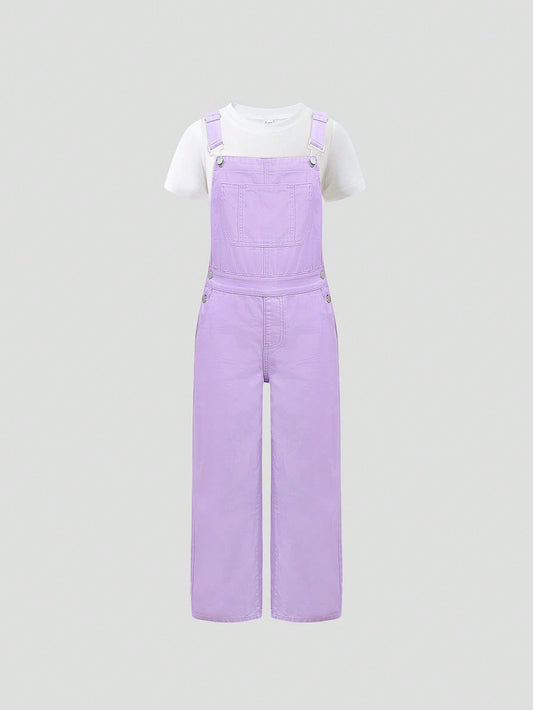 Tween Girl Casual Summer Dopamine Purple Adjustable Straight-Leg Denim Overalls