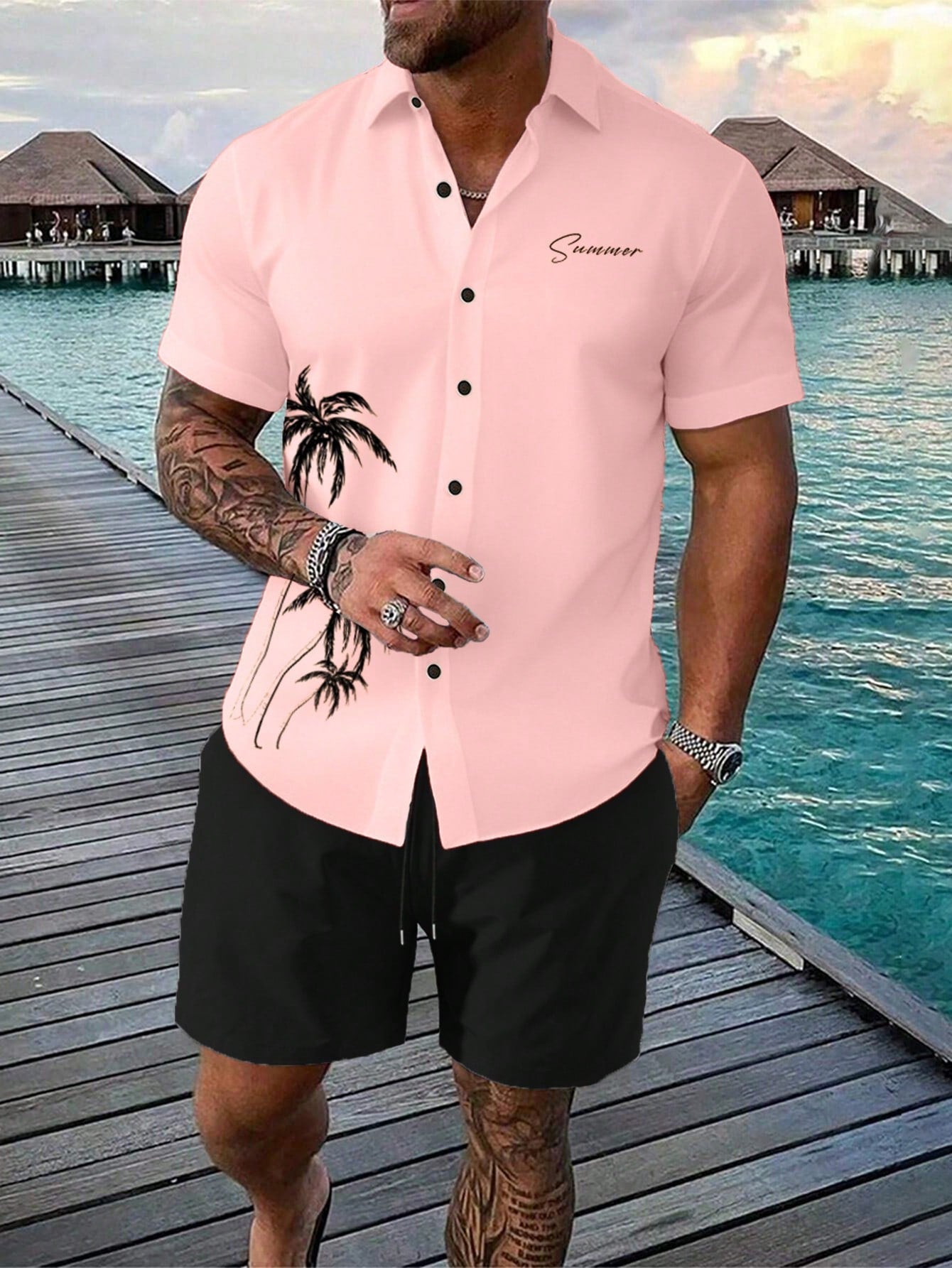 Men's Plus Size Summer Holiday Letter & Palm Tree Printed Short Sleeve Shirt And Shorts Casual Set