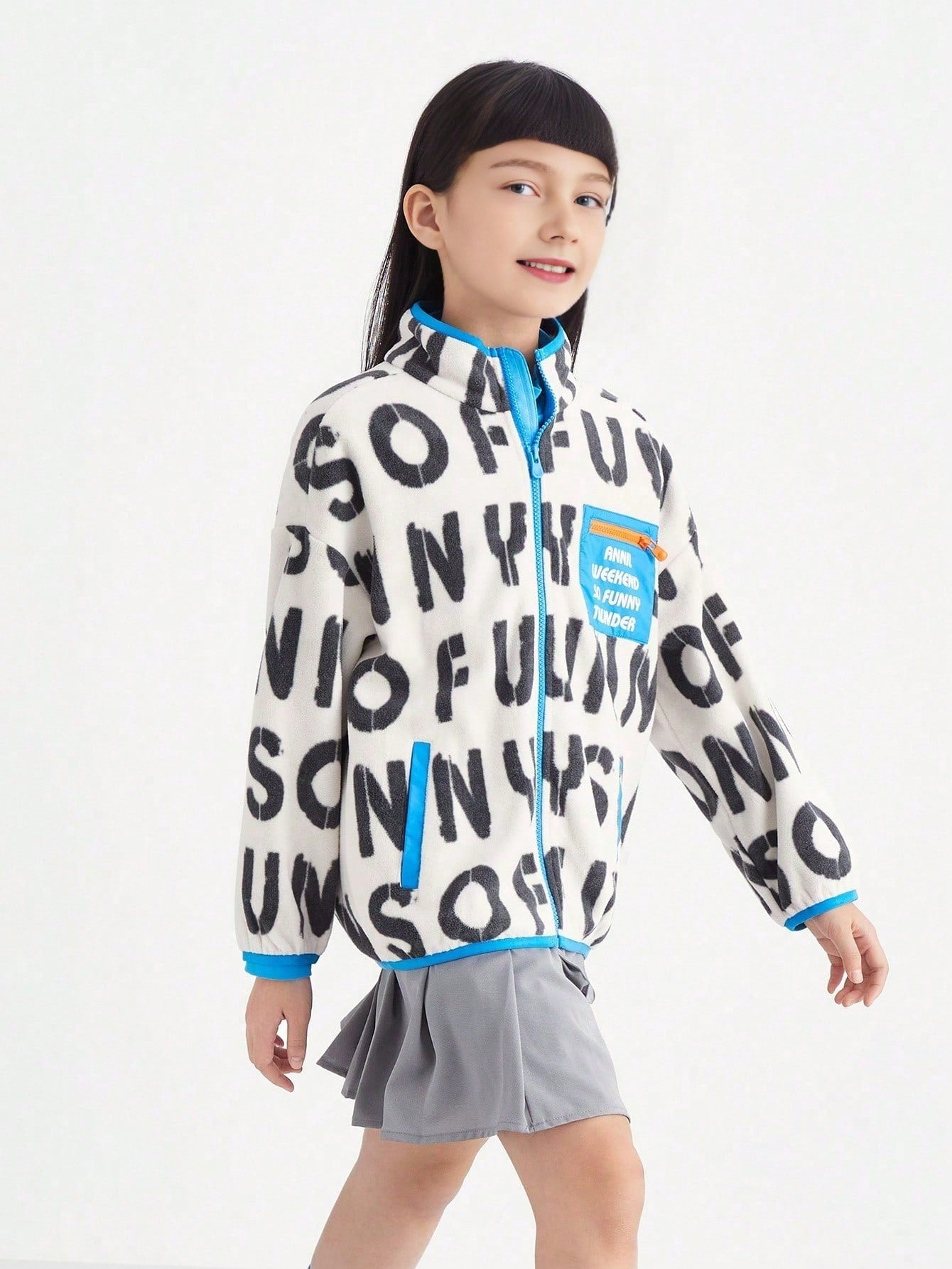 Tween Girl Autumn And Winter Vibrant Flower Printed Stand Collar Polar Fleece Warm Jacket Blue