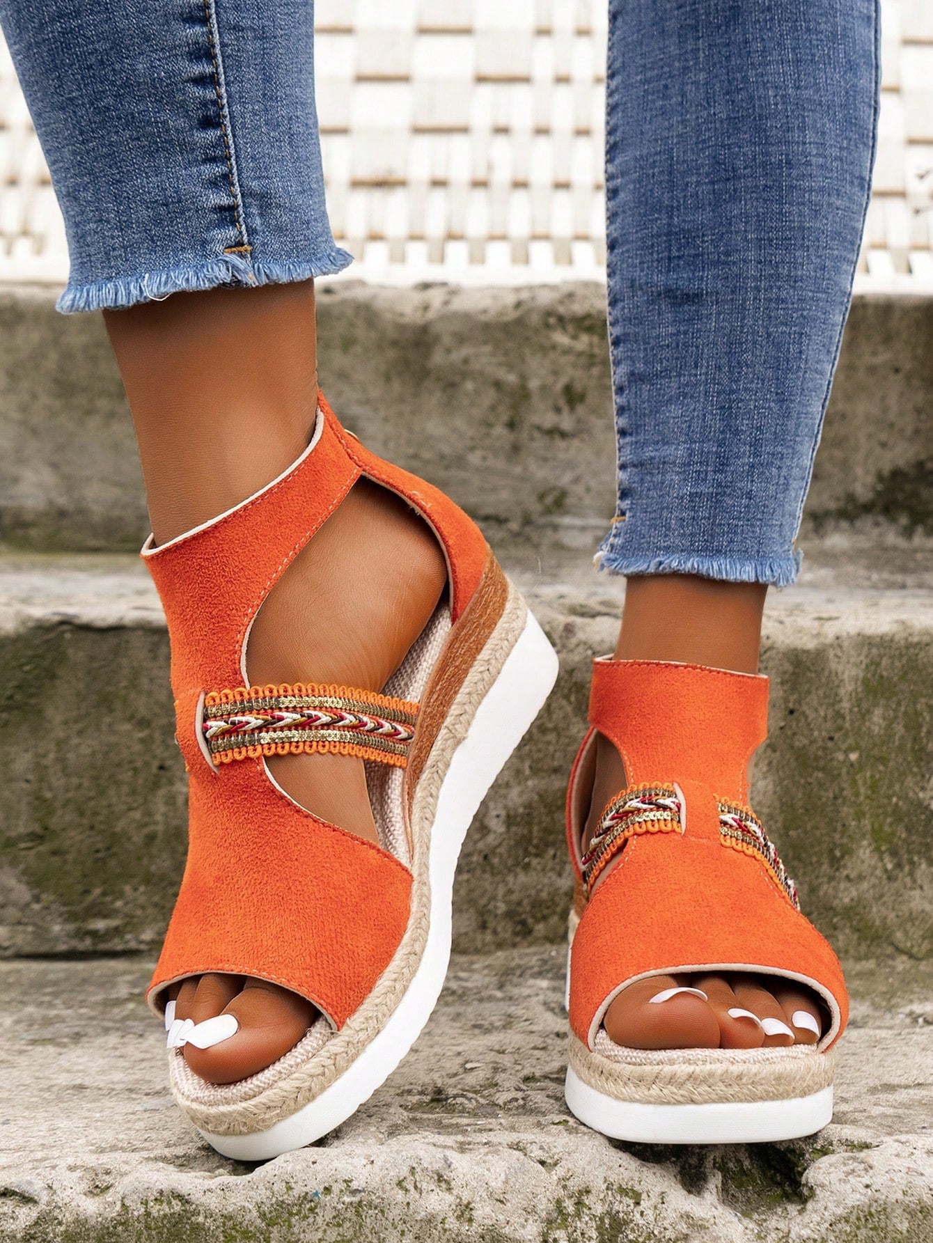 New Arrival Women's Casual Suede Rope Bottom Wedge Heel Orange Sandals,  Hollow Large Size Orange Wedges For Vacation