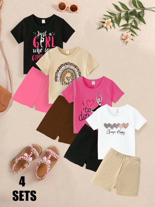 Young Girl 4 Sets Of Trendy Short-Sleeved T-Shirts & Short Leggings Printed With Bicycle & Letter Pattern For Summer