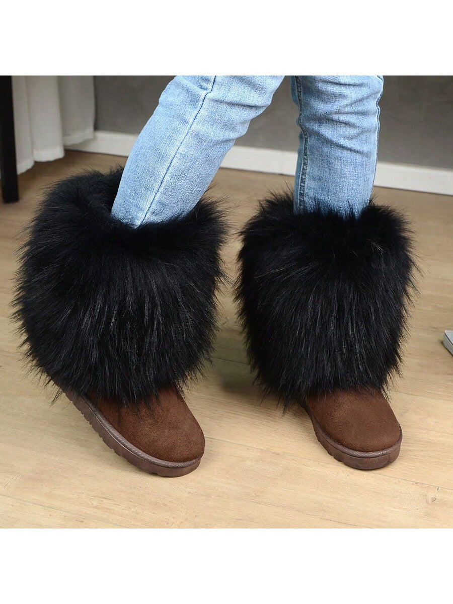 Fashionable & Cute Women's Winter Long Faux Fur Plush Boots With Warm Inside And Anti-Slip Thick Sole, Middle-Length, Fluffy Snow Boots