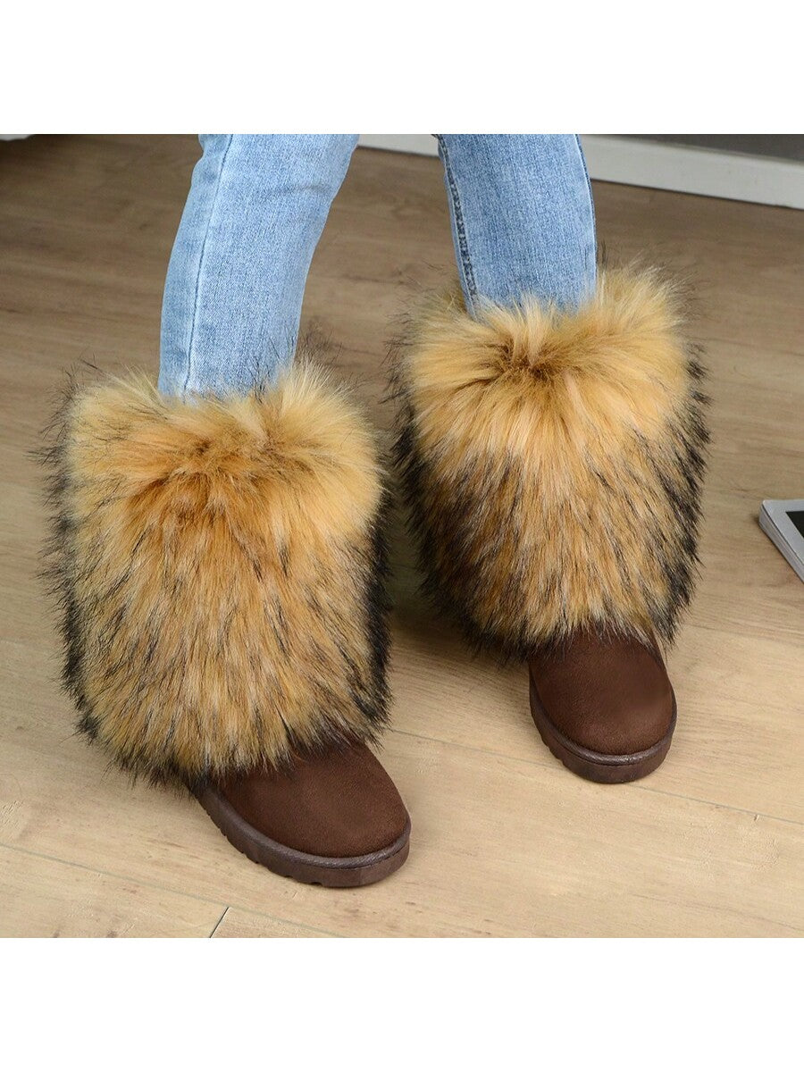 Fashionable & Cute Women's Winter Long Faux Fur Plush Boots With Warm Inside And Anti-Slip Thick Sole, Middle-Length, Fluffy Snow Boots