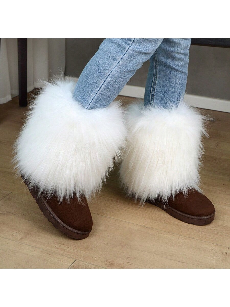 Fashionable & Cute Women's Winter Long Faux Fur Plush Boots With Warm Inside And Anti-Slip Thick Sole, Middle-Length, Fluffy Snow Boots