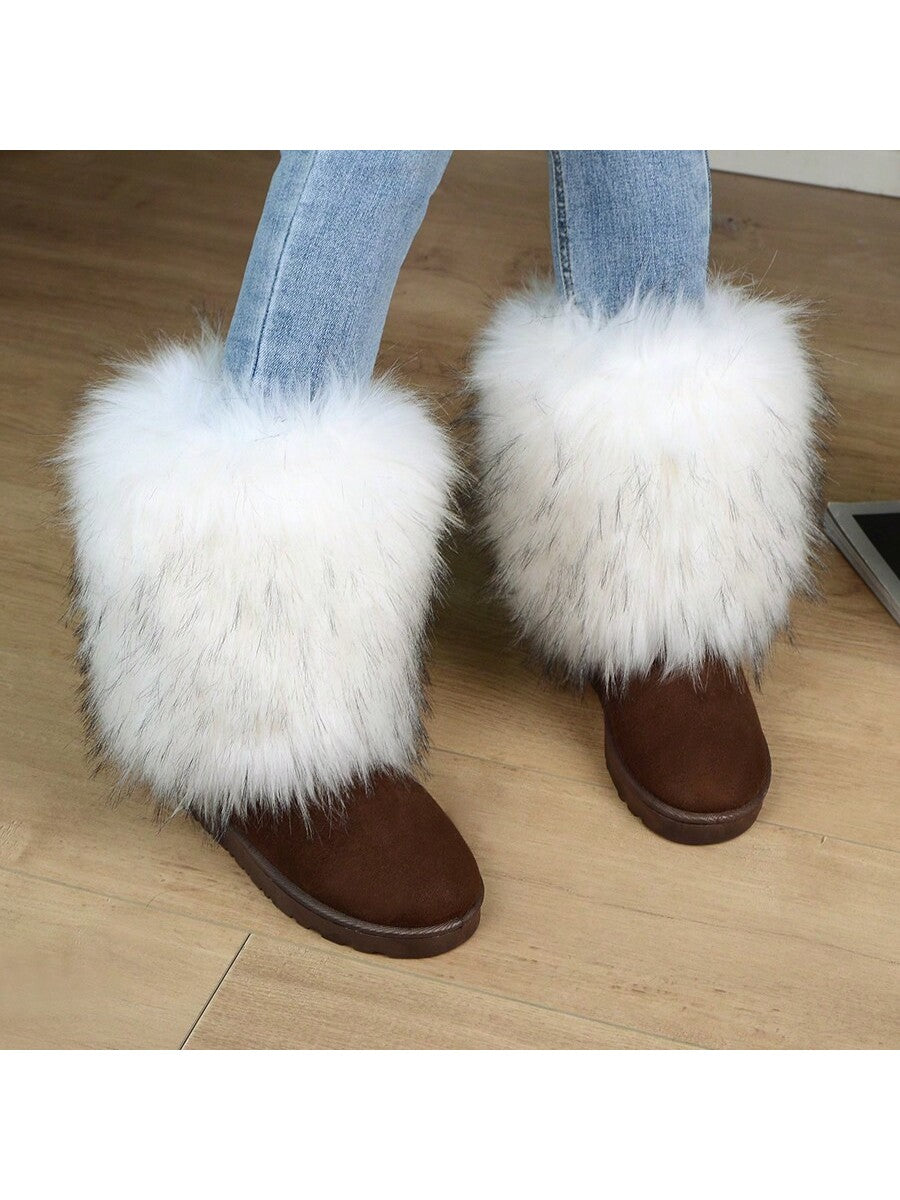 Fashionable & Cute Women's Winter Long Faux Fur Plush Boots With Warm Inside And Anti-Slip Thick Sole, Middle-Length, Fluffy Snow Boots