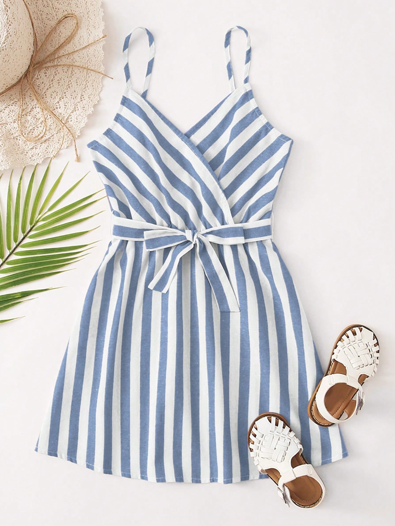 Tween Girl Surplice Neck Self Belted Striped Slip Dress