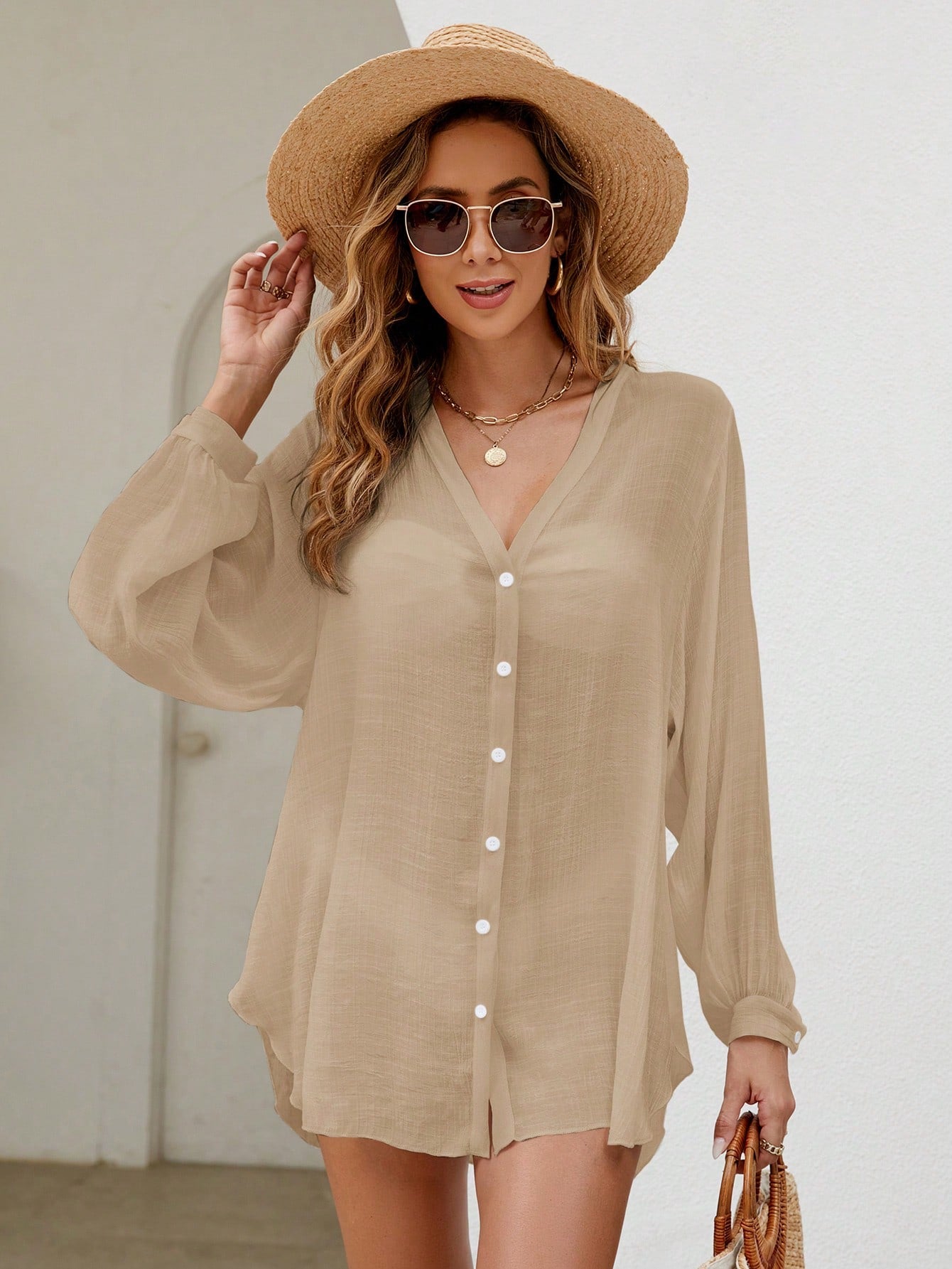 Swim Basics Summer Beach Solid Button Front Kimono