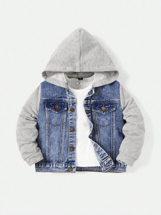 Young Boy Contrast Color Hooded Casual Long Sleeve Denim Jacket And Coat