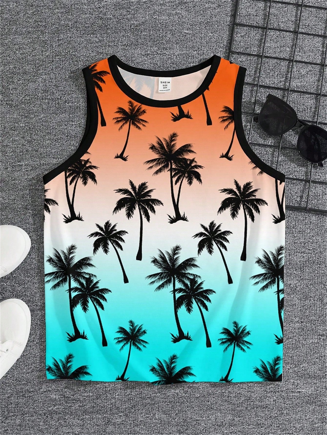 Tween Boy Casual Simple Coconut Tree Pattern Sleeveless Top, Suitable For Summer