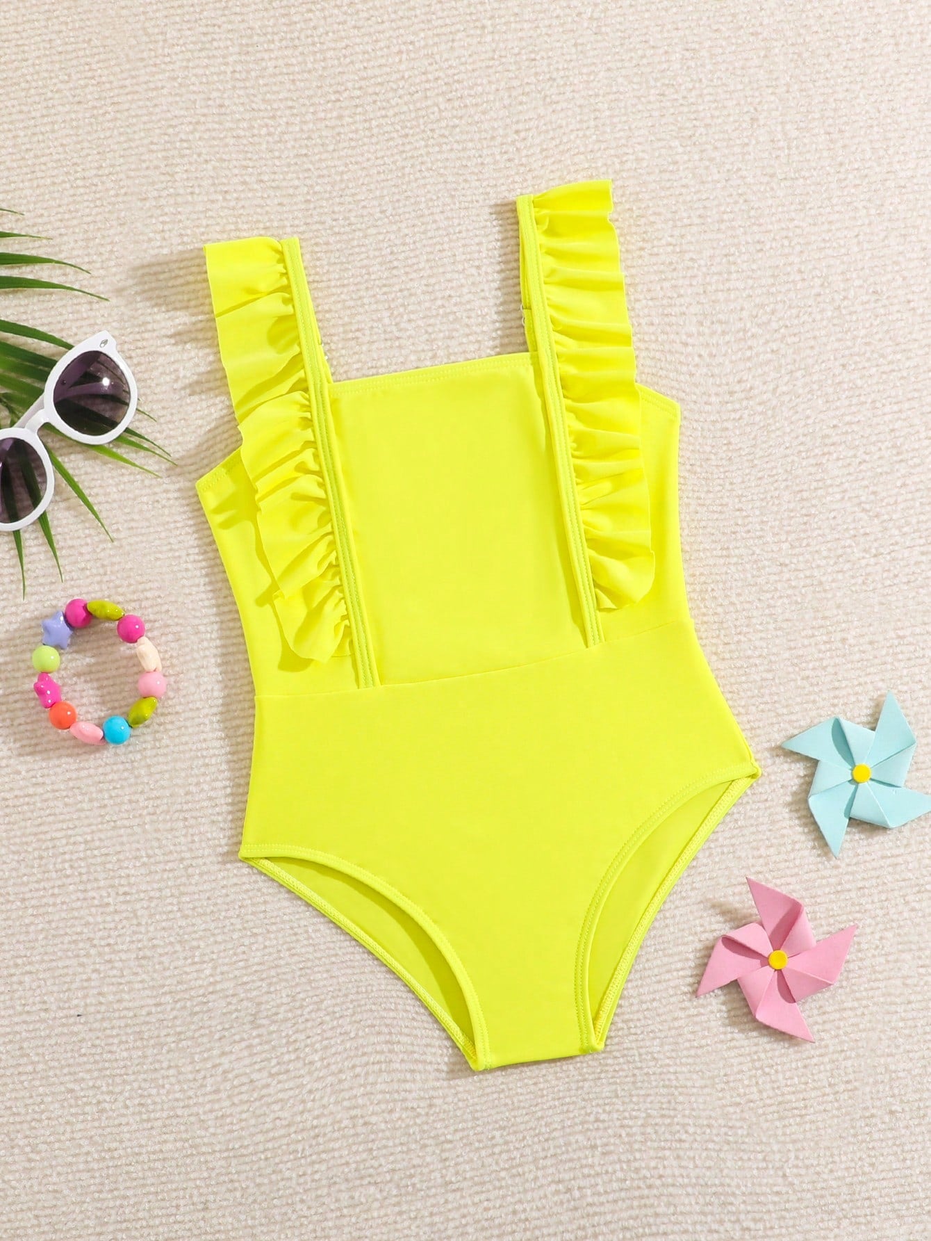 Young Girl Summer Beach Ruffle Trim Neon One-Piece Swimsuit Bathing Suit