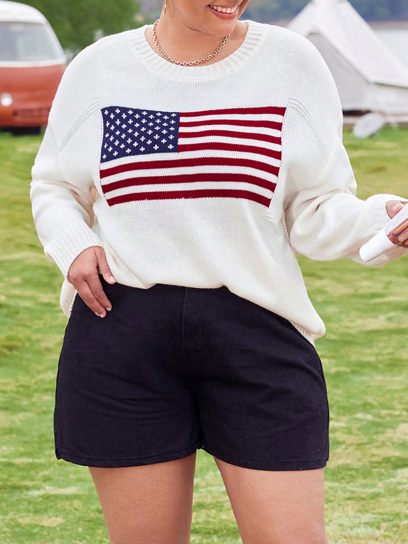 Plus Size Round Neck Flag Printed Oversized Pullover Sweater, Long Sleeve